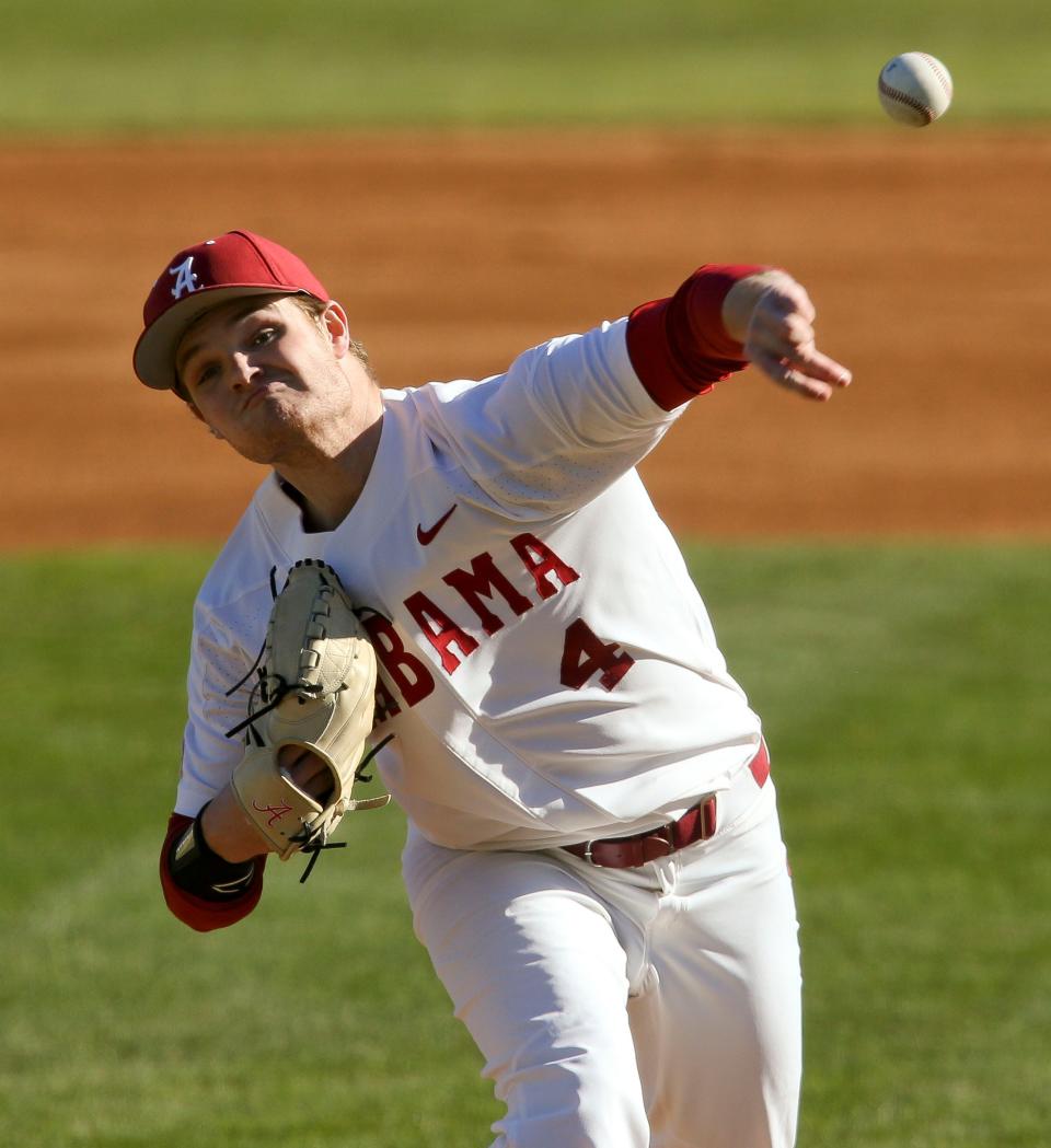 Alabama starting pitcher Connor Prielipp delivers the ball to the plate as the Crimson Tide opened the season against McNeese Friday, Feb. 19, 2021, in Sewell-Thomas Stadium. [Staff Photo/Gary Cosby Jr.]