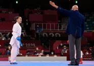 <p>Serbia's Jovana Prekovic reacts as she wins the gold medal in the Women's Kumite -61kg Final in the karate competition. </p>
