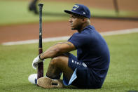 Tampa Bay Rays shortstop Wander Franco watches batting practice during an American League Division Series baseball practice Wednesday, Oct. 6, 2021, in St. Petersburg, Fla. The Rays play the Boston Red Sox in the best-of-five series. (AP Photo/Chris O'Meara)