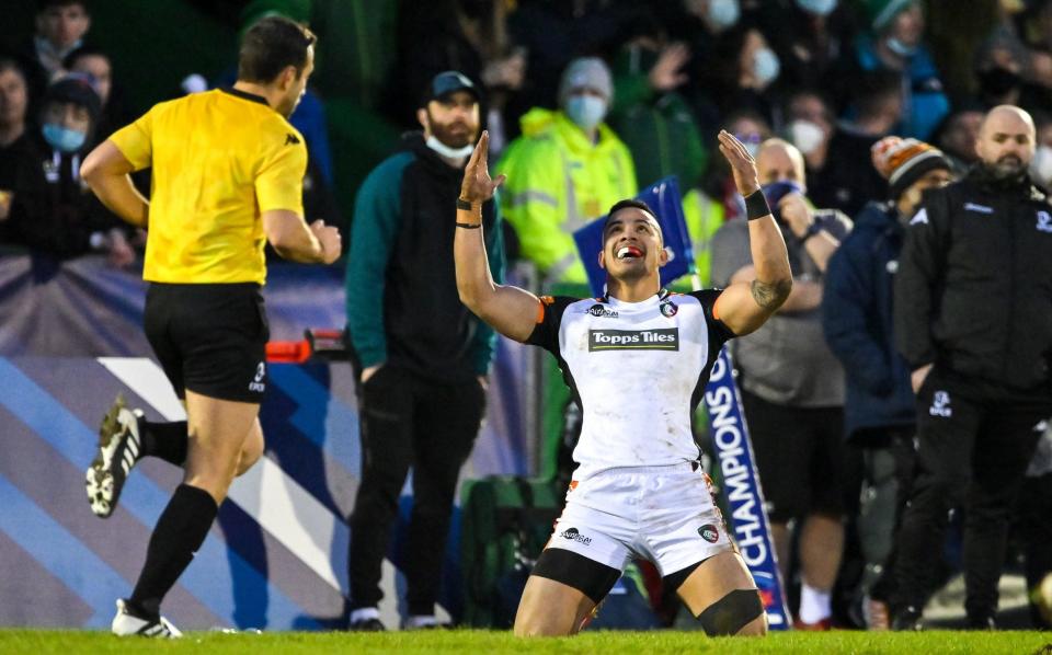 Hosea Saumaki of Leicester Tigers reacts after scoring a last minute try, which was confirmed after going to the TMO, during the Heineken Champions Cup Pool B match between Connacht and Leicester Tigers at The Sportsground in Galway. - GETTY IMAGES