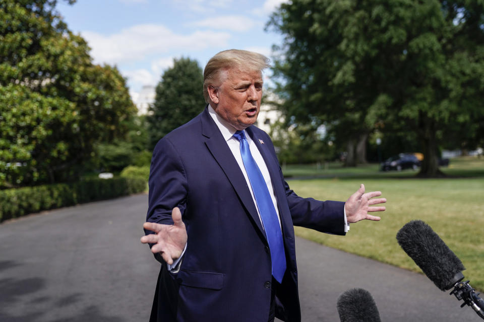 U.S. President Donald Trump speaks to the media as he departs for Walter Reed National Military Medical Center from the White House on July 11, 2020 in Washington, DC. (Joshua Roberts/Getty Images)