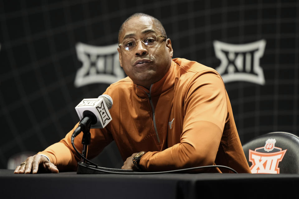 Texas Coach Rodney Terry speaks to the media during the NCAA college Big 12 men's basketball media day Wednesday, Oct. 18, 2023, in Kansas City, Mo. (AP Photo/Charlie Riedel)