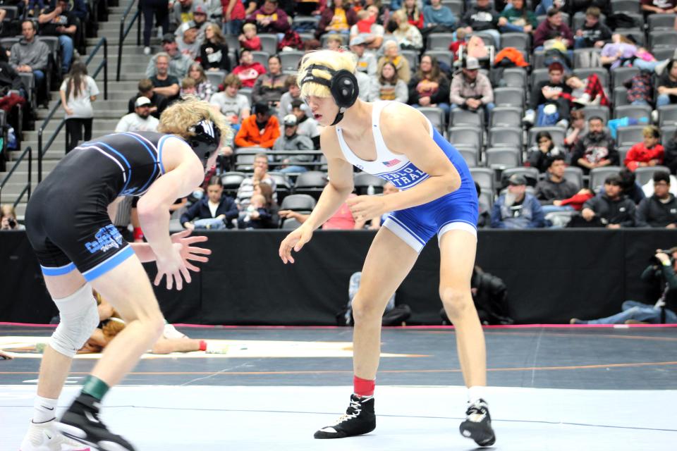 Pueblo Central's Onesimo Rodriguez circles the mat against Cooper Thurmon of Coal Ridge during the Class 3A 132-pound matchup of the CHSAA state wrestling tournament on Thursday, Feb. 15, 2024.