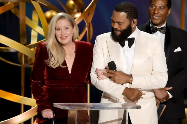 (L-R) Christina Applegate and host Anthony Anderson speak onstage during the 75th Primetime Emmy Awards at Peacock Theater on January 15, 2024 in Los Angeles, California.  - Credit: Kevin Winter/Getty Images