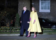 U.S. President Donald Trump and first lady Melania arrive at 10 Downing Street in London ahead of a NATO reception hosted by British Prime Minister Boris Johnson, Tuesday, Dec. 3, 2019. U.S. President Donald Trump and his NATO counterparts were gathering in London Tuesday to mark the alliance's 70th birthday amid deep tensions as spats between leaders expose a lack of unity that risks undermining military organization's credibility. (AP Photo/Alastair Grant, Pool)