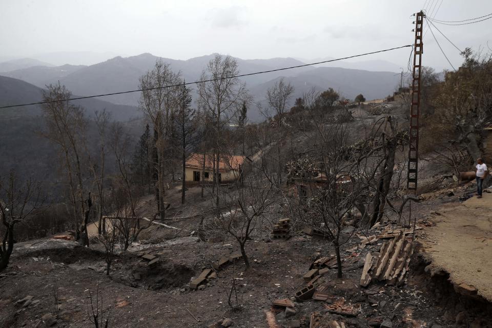 A general view on burned houses in the village of de Oeud Das in Bejaia east of Algiers, Algeria, 25 July 2023. The Algerian Ministry of the Interior announced at least 34 people died, including 24 civilians and 10 members of the National Army and 26 people are injured in multiple forest fires across the country (Photo  by Billel Bensalem/APP/NurPhoto via Getty Images)