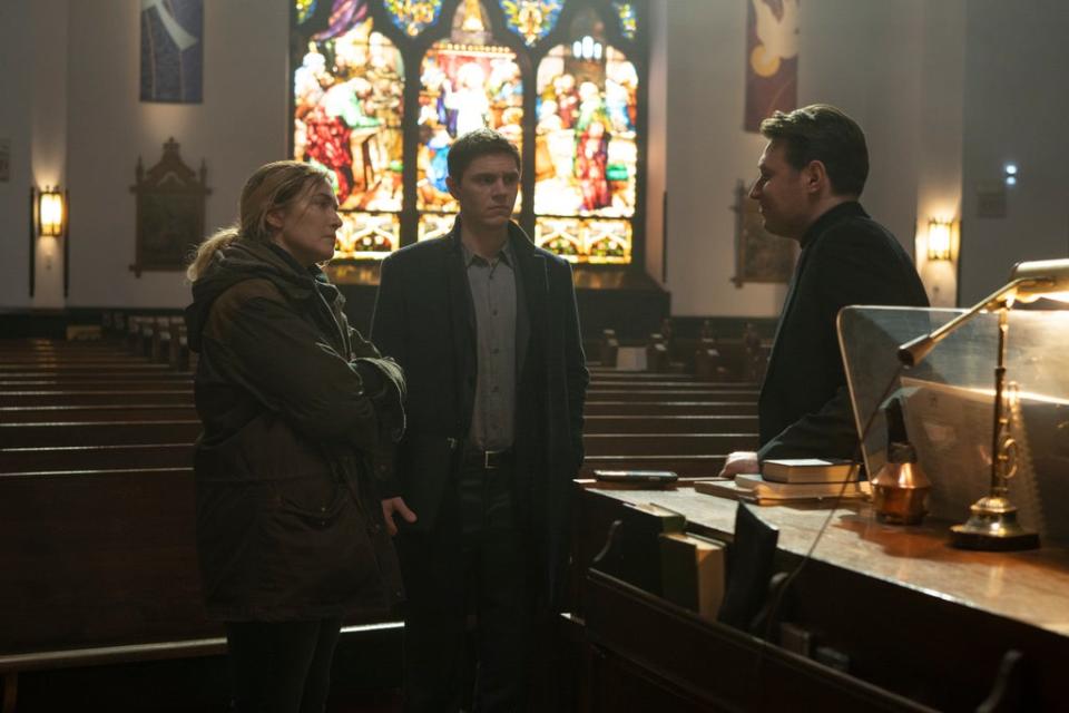 McArdle, right with Kate Winslet and Evan Peters in Mare of Easttown (Â© 2021 Home Box Office, Inc. Al)