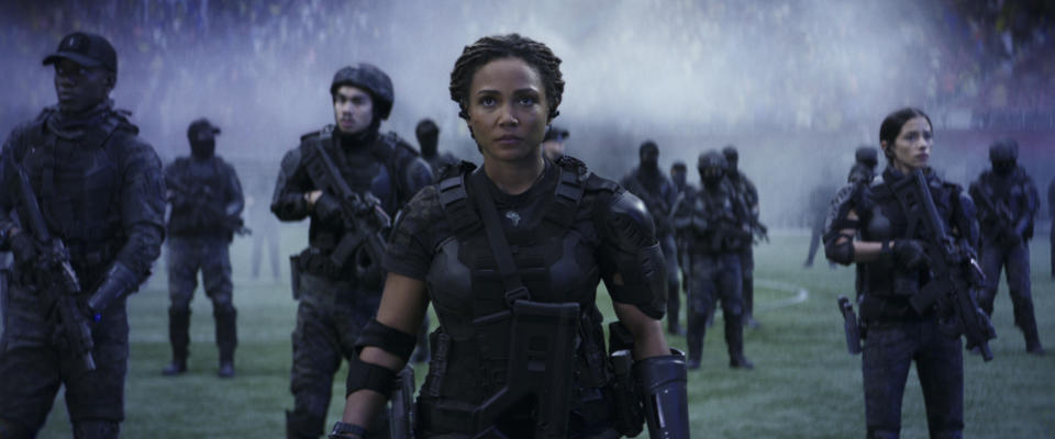 This image released by Amazon shows Jasmine Mathews in a scene from "The Tomorrow War." (Amazon via AP)