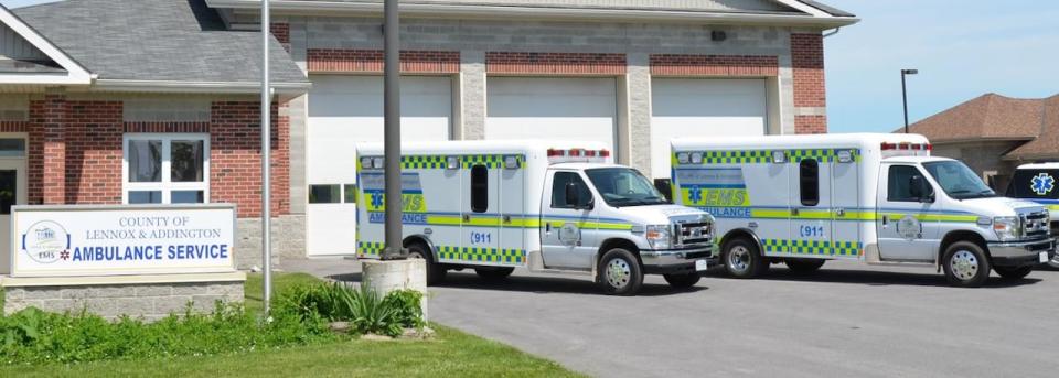 Ambulances are shown parked in front of a County of Lennox and Addington Ambulance Service station in this photo from the county's website. (Supplied by The County of Lennox and Addington - image credit)