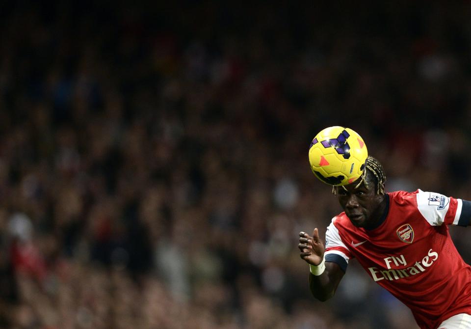 Arsenal's Sagna heads the ball during their English Premier League soccer match against Liverpool at the Emirates stadium in London