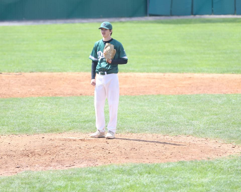 Dover High School pitcher Colby Russell pitching at DoubleDay Field in Cooperstown, New York in Thursday's Division I game against Concord.