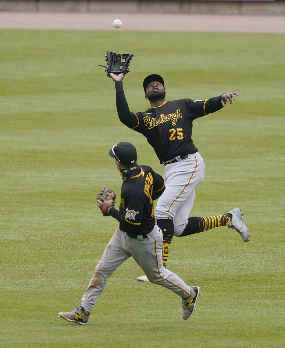 Pittsburgh Pirates right fielder Gregory Polanco catches the fly out hit by Detroit Tigers' Robbie Grossman during the seventh inning of a baseball game, Thursday, April 22, 2021, in Detroit. (AP Photo/Carlos Osorio)