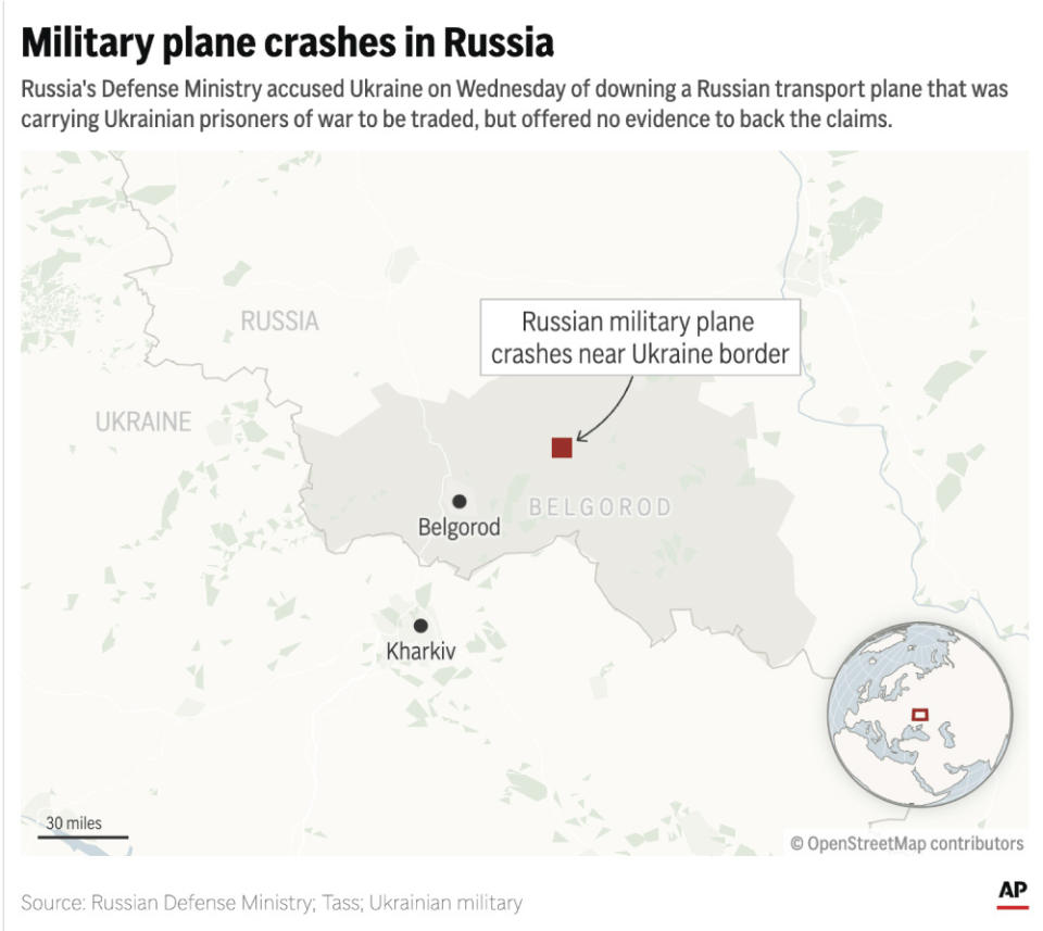 A Russian military transport jet crashed Wednesday near Russia's border with Ukraine, killing all aboard, according to the Russian Defense Ministry. (AP Digital Embed)