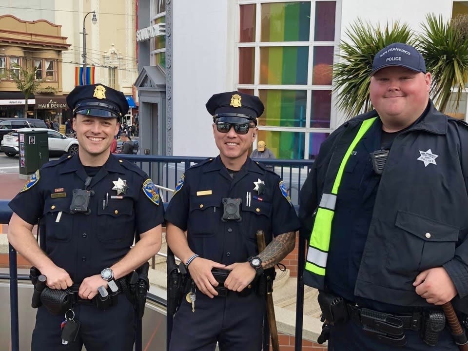 SF Patrol Special Police Officer Cody Clements (right) with two SFPD beat officers.