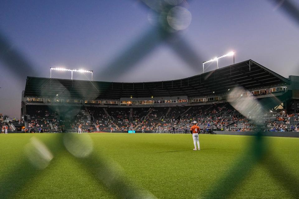 Texas players take to the outfield at UFCU Disch-Falk Field during their Feb. 20 win over Houston Christian. The Longhorns will play in the SEC next season.