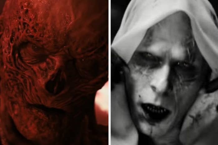 Vecna in his mindscape in "Stranger Things"/Gorr taking off his hood in "Thor: Love and Thunder"