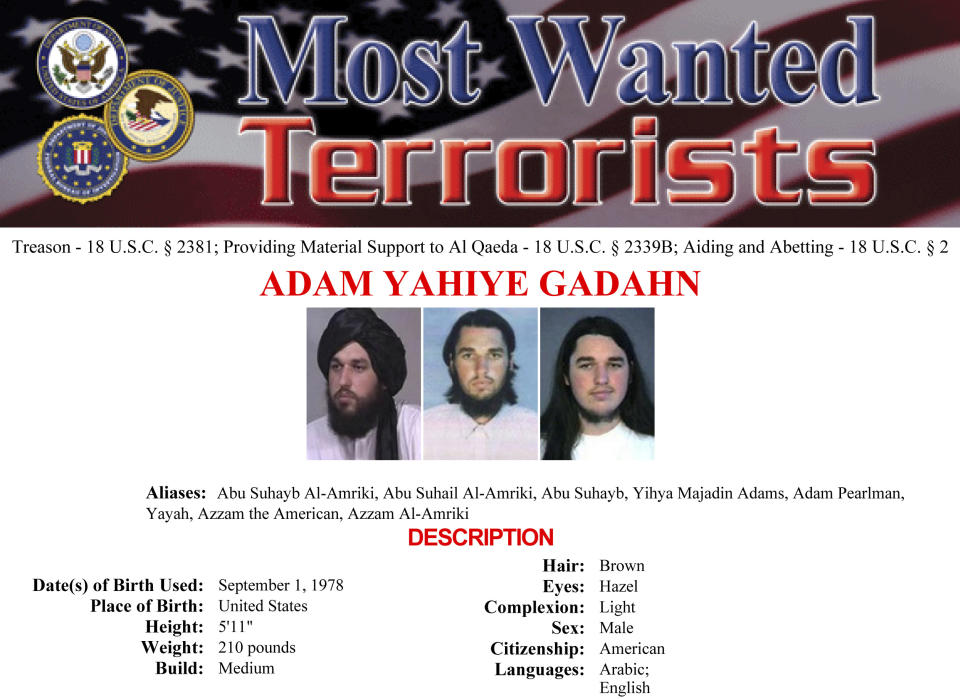 In this image released by the FBI, Adam Gadahn, an American who had served as a spokesman for al-Qaida, is seen in a wanted poster. Sedition and treason cases have been rare in U.S. history. But after after Trump supporters stormed Capitol Hill on Jan. 6, many described their behavior as seditious, even treasonous. (FBI via AP)