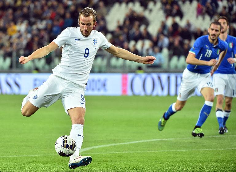 England's forward Harry Kane kicks the ball during a friendly football match against Italy on March 31, 2015, in Turin, Italy