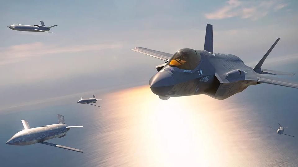 A rendering of an F-35A flying together with various types of drones. <em>Lockheed Martin</em>