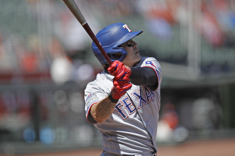 Texas Rangers' Shin-Soo Choo watches his two run home run hit off San Francisco Giants' Jeff Samardzija in the fifth inning of a baseball game Sunday, Aug. 2, 2020, in San Francisco. (AP Photo/Ben Margot)