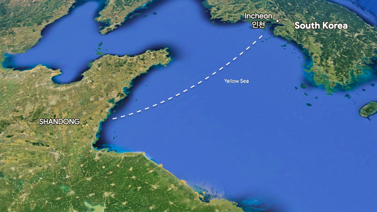 route from shandong province china to incheon south korea on a map