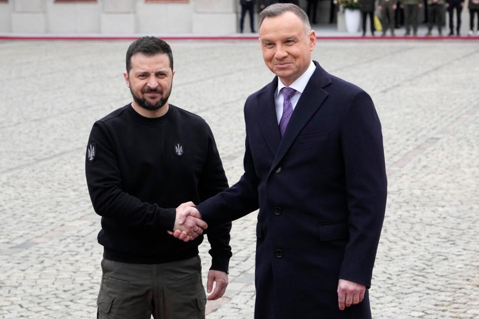 Poland’s President Andrzej Duda, right, welcomes Ukrainian President Volodymyr Zelensky (Copyright 2023 The Associated Press. All rights reserved)