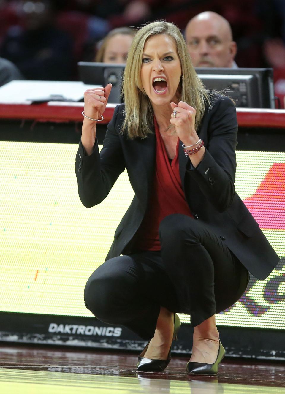 Oklahoma Sooners head coach Jennie Baranczyk celebrates during a women's college basketball game between the University of Oklahoma Sooners (OU) and the West Virginia Mountaineers at Lloyd Noble Center in Norman, Okla., Saturday, Feb. 4, 2023. 