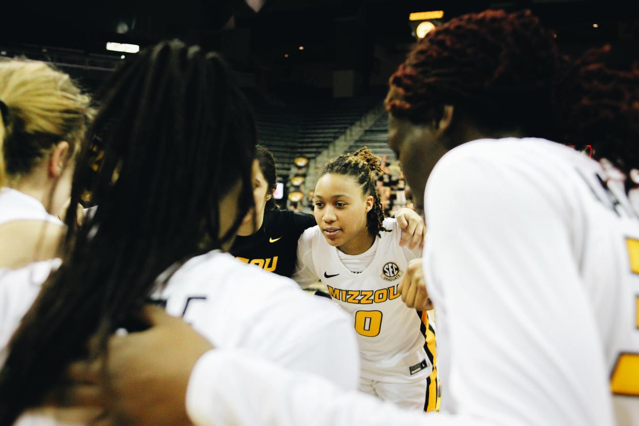 Missouri's LaDazhia Williams (0) huddles with her teammates after a 72-63 win over Auburn on Thursday at Mizzou Arena. Williams scored a career-high 25 points.