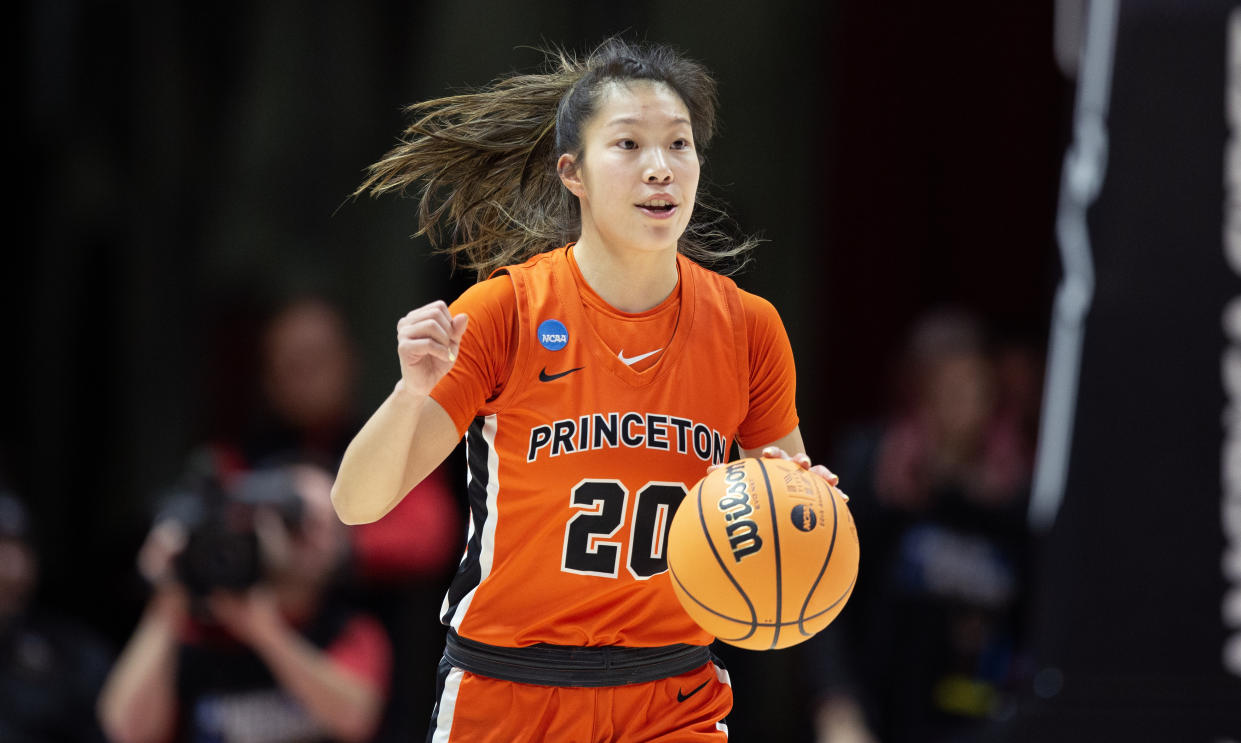 SALT LAKE CITY, UT- MARCH 19:  Kaitlyn Chen #20 of the Princeton Tigers brings the ball up the court against the Utah Utes during the first half of the second round of the NCAA Womens Basketball Tournament at the Jon M Huntsman Center March 19, 2023 in Salt Lake City, Utah.(Photo by Chris Gardner/Getty Images)