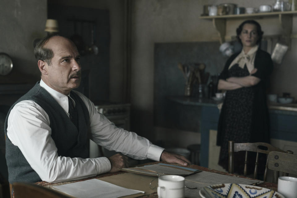 This image released by National Geographic for Disney shows Liev Schreiber as Otto Frank, left, and Amira Casar as Edith Frank in a scene from "A Small Light." (Dusan Martincek/National Geographic for Disney via AP)