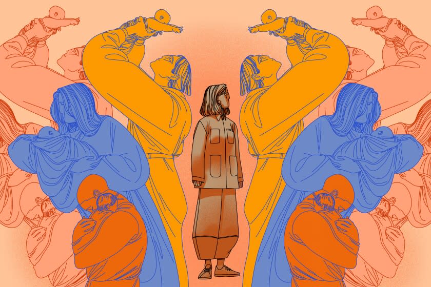 Illustration of a woman standing in the middle of groups of women lifting, holding and cradling babies around her.