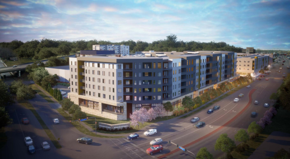 A rendering depicts the latest proposal for the long-delayed Mission Gateway project at Johnson Drive and Roe Avenue. The plans call for apartments, a hotel and a Cinergy Entertainment complex.