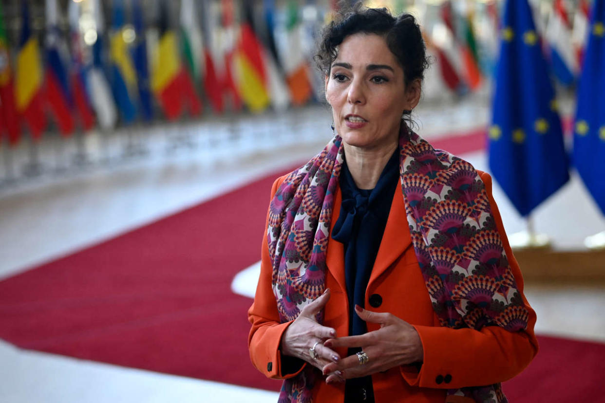 Belgium foreign minister Hadja Lahbib speaks to the press during a Foreign Affairs Council meeting at the EU headquarters in Brussels on November 14, 2022. (Photo by John THYS / AFP)