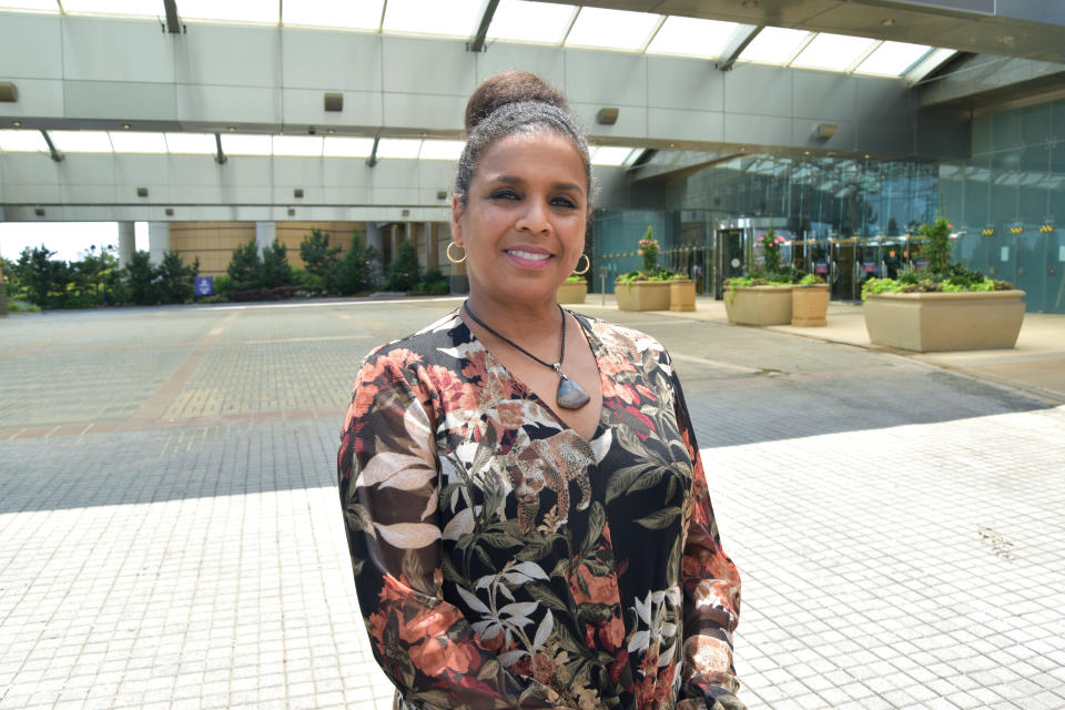 Melonie Johnson, the new president of the Borgata casino poses outside the casino Monday, June 29, 2020, in Atlantic City N.J. Johnson is making history as the first Black woman to hold the title of president of an Atlantic City casino, and she’s one of only a small handful of women with such a job nationwide. (AP Photo/Wayne Parry)