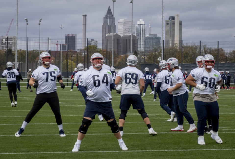 New England Patriots players attend a practice session in Frankfurt, Germany, Friday, Nov. 10, 2023. The New England Patriots will play against the Indiana Colts in a NFL game on Sunday. (AP Photo/Michael Probst)