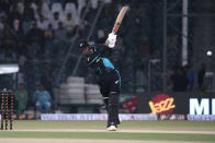 New Zealand's Tim Robinson plays a shot during the fourth T20 international cricket match between Pakistan and New Zealand, in Lahore, Pakistan, Thursday, April 25, 2024. (AP Photo/K.M. Chaudary)