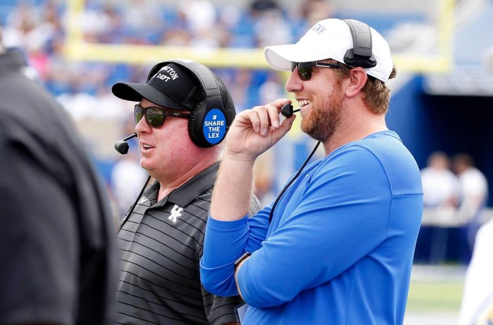 Liam Coen, right, is set for his first full offseason as Kentucky offensive coordinator after returning to the NFL in 2022 between seasons at UK.