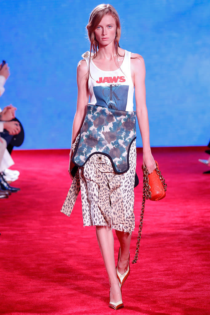 <p>A model walks the runway in a Jaws tank and leopard print skirt at the Calvin Klein Collection spring/summer 2019 fashion show during New York Fashion Week on Sept. 11, 2018, in New York City. (Photo: Victor Virgile/Gamma-Rapho via Getty Images) </p>