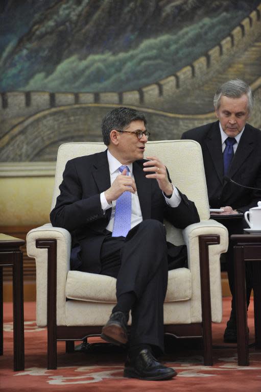 US Treasury Secretary Jacob Lew talks with Chinese Premier Li Keqiang (not pictured) during a meeting at the Great Hall of the People in Beijing on March 30, 2015