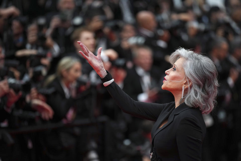 Jane Fonda poses for photographers upon arrival at the awards ceremony and the premiere of the film 'The Second Act' during the 77th international film festival, Cannes, southern France, Tuesday, May 14, 2024. (Photo by Daniel Cole/Invision/AP)