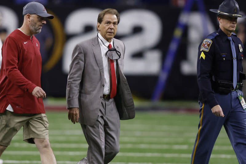 Former Alabama Crimson Tide head coach Nick Saban (C) will work on ESPN's College GameDay. File Photo by Aaron Josefczyk/UPI