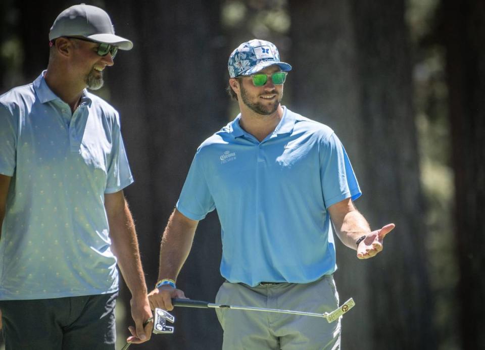 Buffalo Bills quarterback Josh Allen waits to take his shot on Thursday, July 13, 2023, during the practice round of the American Century Championship celebrity golf tournament at Edgewood Tahoe Golf Course in Stateline, Nev.