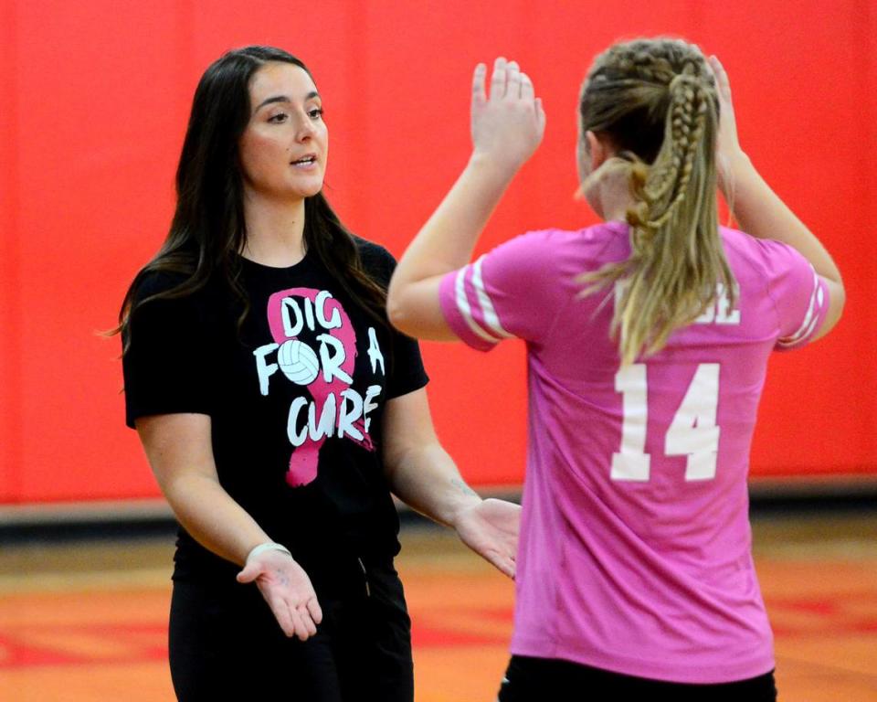 Escalon Head Coach Shaylynn Beam talks with Ashlee Conde during a game between Ripon and Escalon at Ripon High School in Ripon California on October 4, 2023.