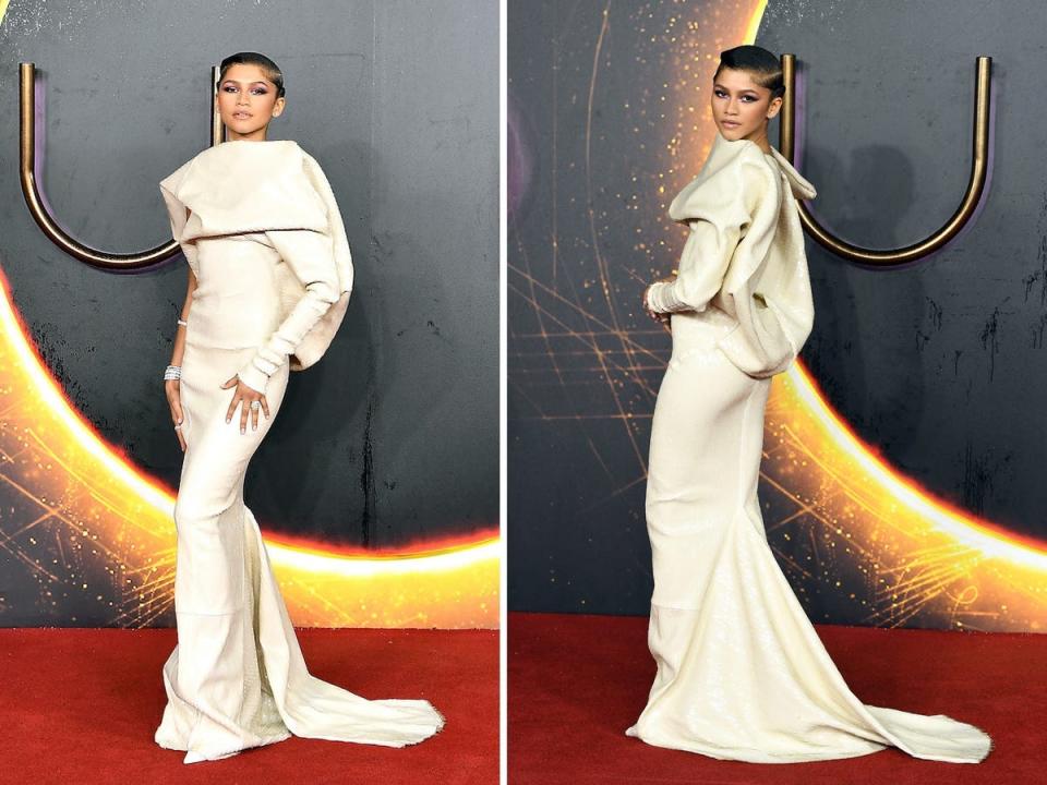 A front and back shot of Zendaya wearing a cream gown on a red carpet.