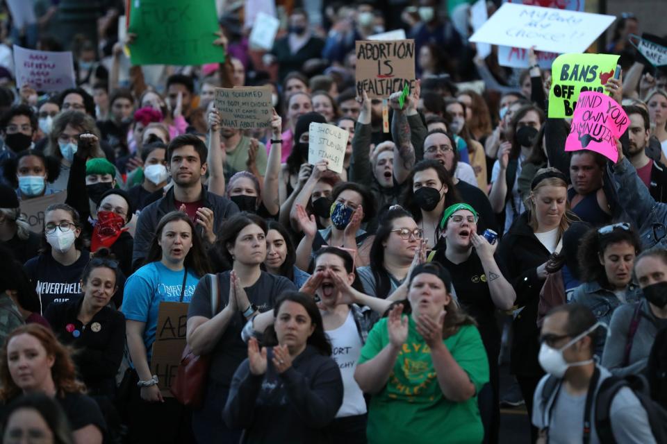 Abortion-rights activists and supporters protest outside Philadelphia's federal courthouse on May 3 in response to the leak of a draft opinion on a potential Supreme Court vote to overturn Roe v. Wade. 