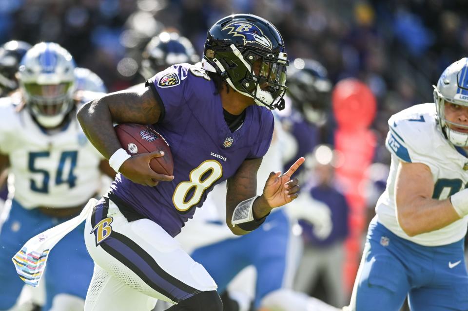 Lamar Jackson accounted for four touchdowns (three passing, one rushing) in the Ravens' rout of the Lions. Baltimore now takes on the Cardinals in a Week 8 matchup.