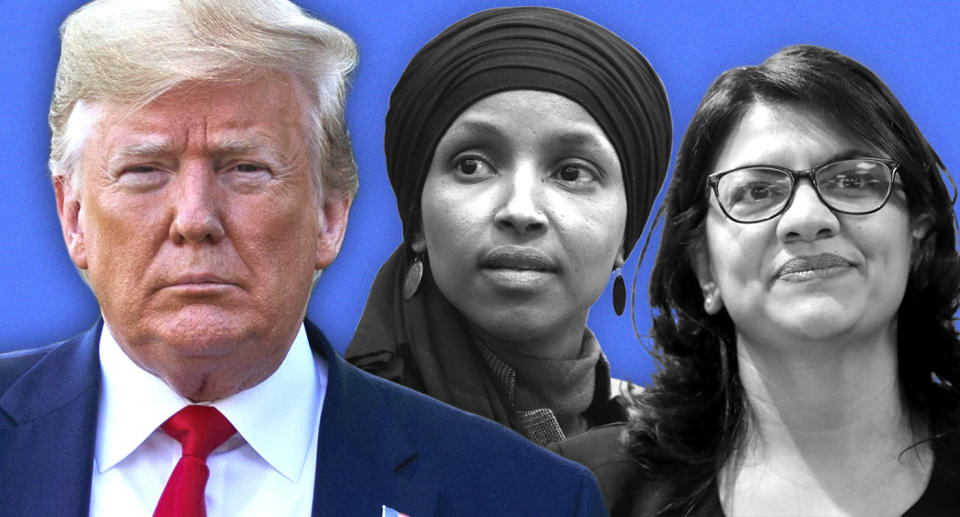 President Trump, Rep Ilhan Omar, D-Minn., and Rep. Rashida Tlaib, D-Mich. (Photo illustration: Yahoo News; photos: AP)