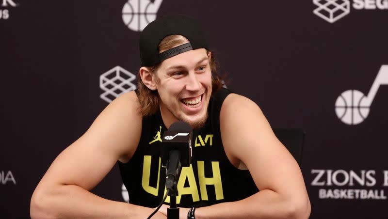 Utah Jazz’s Kelly Olynyk smiles while fielding questions during the Utah Jazz media day on Monday, Oct. 2, 2023, at the Zions Bank Basketball Campus in Salt Lake City