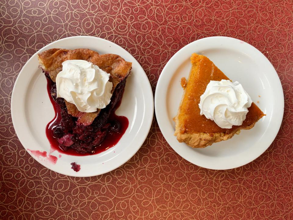 Cherry pie to the left, pumpkin to the right.