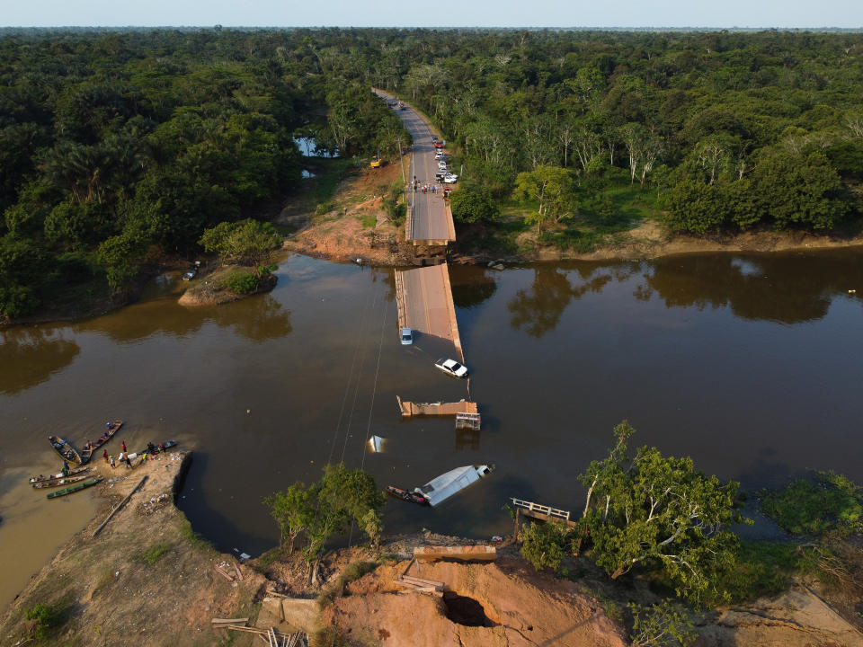 Aerial view of a bridge collapsed in the municipality Careiro Da Varzea, Amazonas state, Brazil, on September 28, 2022.